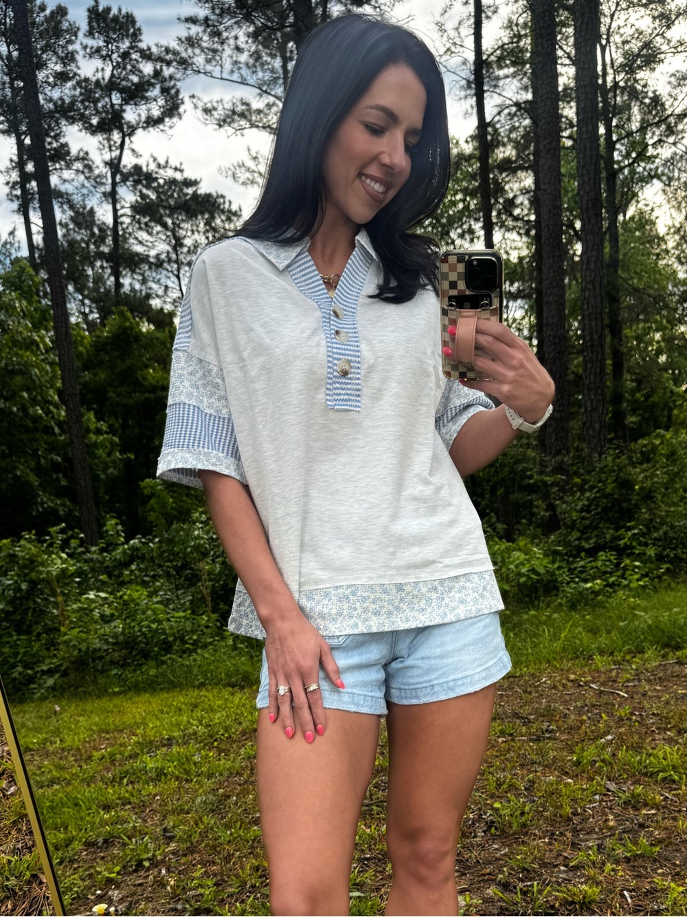 Casual White & Light Blue Short Sleeve Collared Top